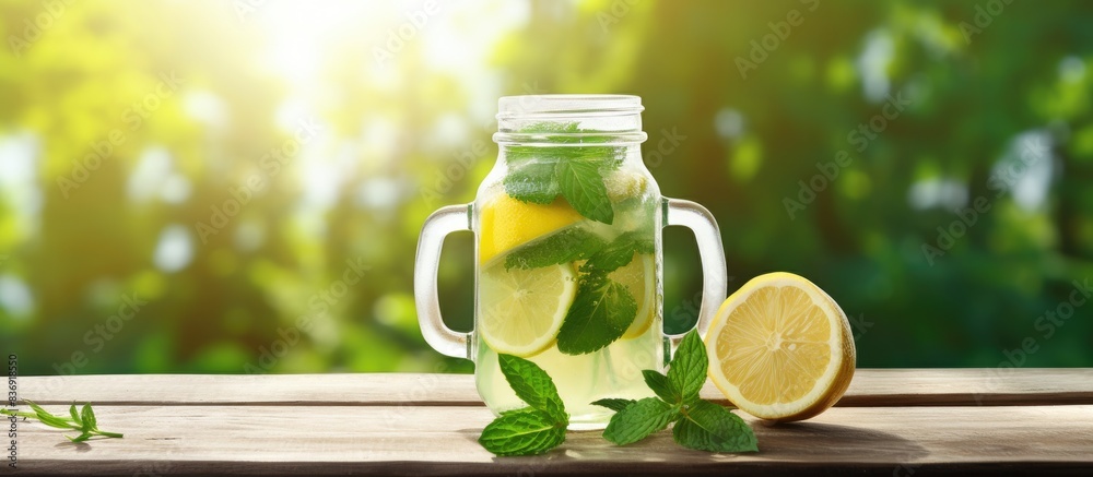 Poster Refreshing homemade lemonade with lime and mint presented in a mason jar on a rustic wooden table, providing a charming setting for a relaxing drink with a beautiful copy space image.