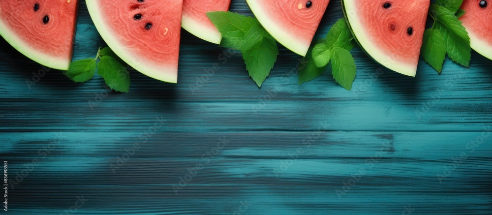 Poster watermelon slices and mint leaves displayed on a rustic blue wooden table, perfect as a background o