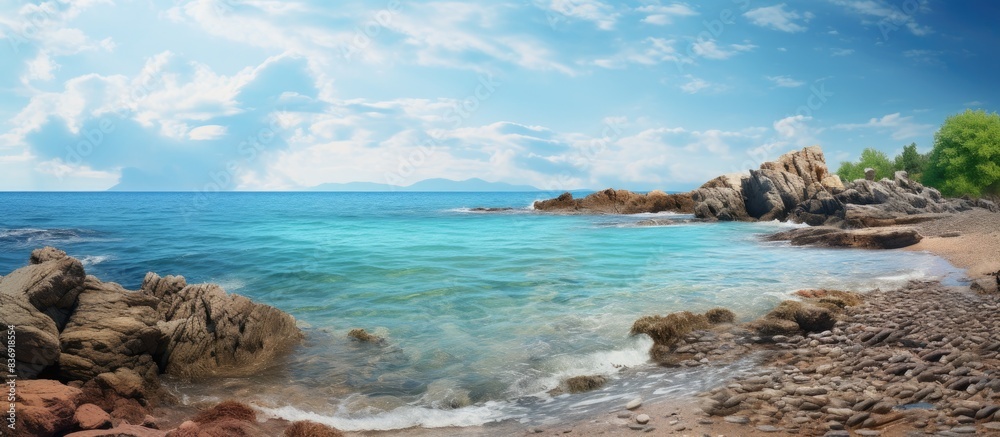 Poster seaside landscape with rocks on shore, perfect for a copy space image.