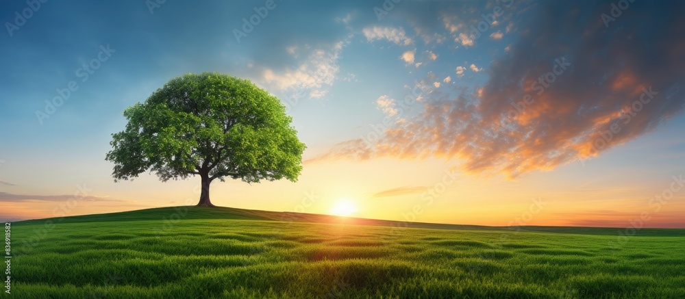 Poster an evening summer sunset setting the scene for a solitary tree in a green grass field, creating a ca