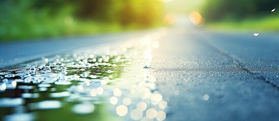 Warm summer raindrops gently descending on the road, creating a serene atmosphere in the copy space image.