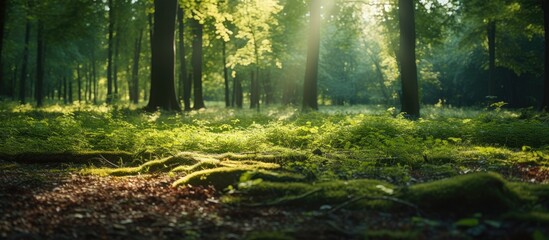 Obraz premium Sunlight illuminates leaves in the forest, creating a picturesque natural setting with a copy space image.