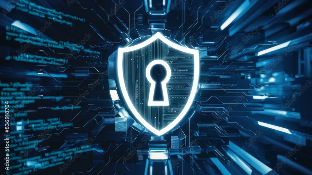 Poster cybersecurity or data protection, representing circuitry or digital data streams