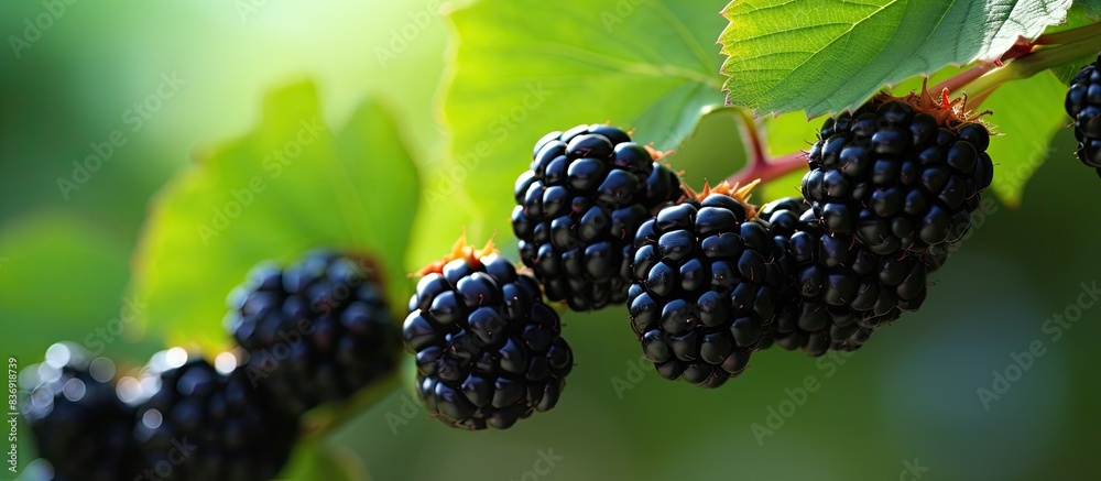 Poster wild blackberries, ripe for picking in the forest with a beautiful natural background perfect for a 
