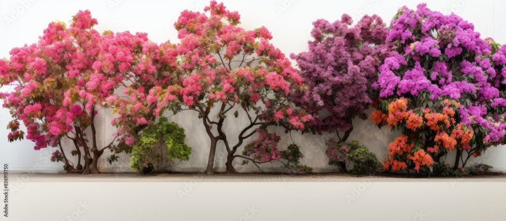 Aufkleber ornamental trees in the park stand against a white wall backdrop adorned with beautiful flowers for 