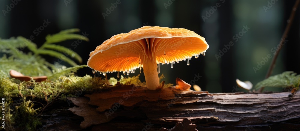 Aufkleber close-up image of an orange mushroom or fungi thriving on a large tree in the forest, portraying the