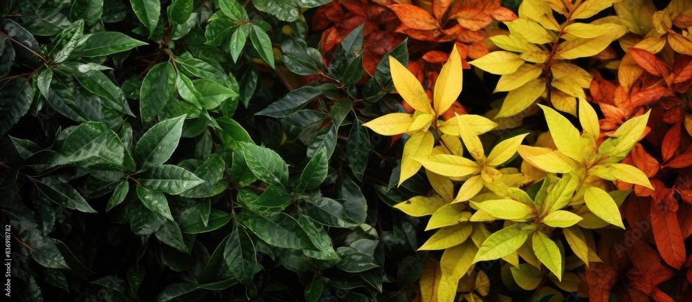 Aufkleber an image showing a detailed view of a bush with leaves split between green and yellow colors, provid