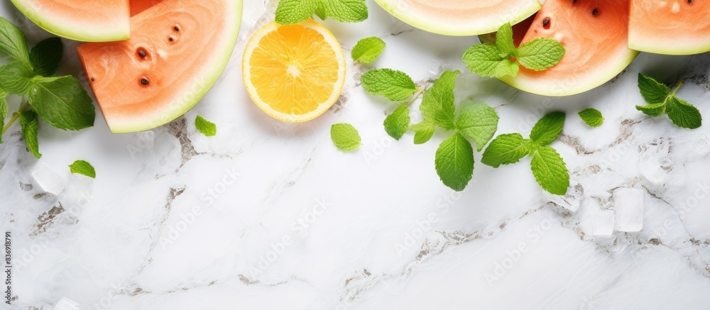 Poster a deliciously sliced melon, with fresh mint and ice, beautifully arranged on a marble surface in a t