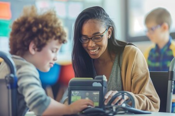 A teacher assists a student with a learning disability using an adaptive communication device in an inclusive classroom. Students of different abilities work together in a supportive and collaborative