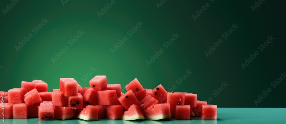 Poster Juicy watermelon slices and cubes displayed with copy space image, perfect for snacking.