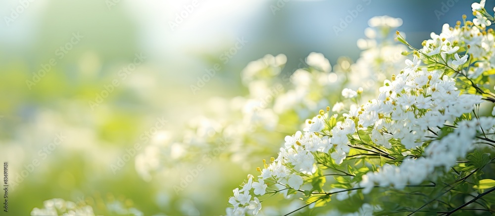 Poster blurred background showing wild white flower bushes with copy space image.