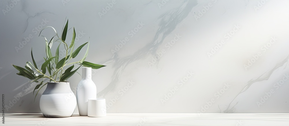 Poster marble white-gray backdrop with leaf shadow on wall studio background for showcasing cosmetic produc