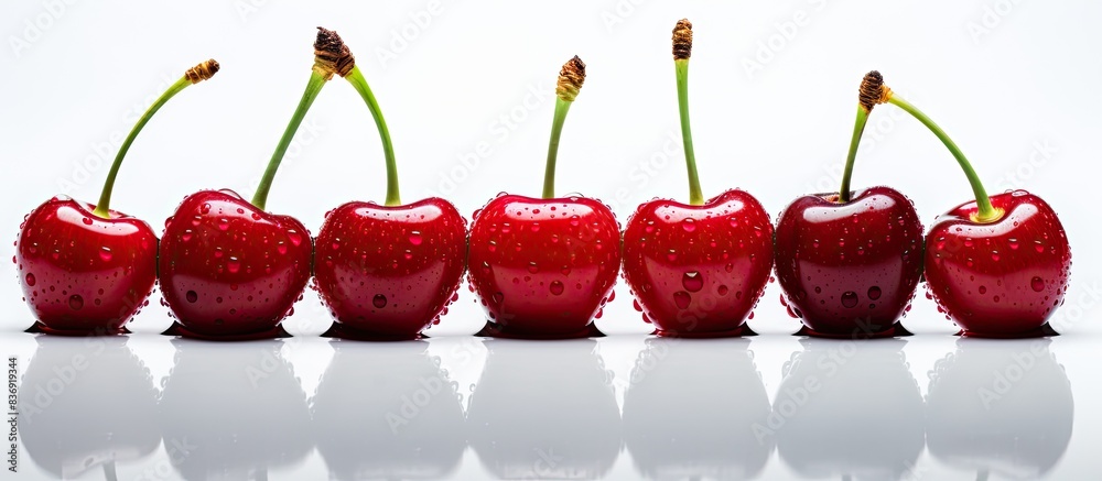 Poster Red cherries displayed with copy space image on a white backdrop.