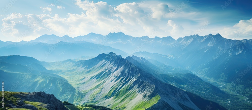 Poster scenic mountain vista captured while hiking, showing a breathtaking high-altitude view of the landsc