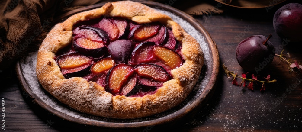Poster plum galette: a rustic open pie with a plum crust and a vegan, vegetarian autumn dessert, featuring 