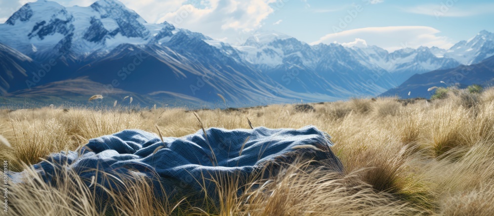 Aufkleber Grass blankets the terrain with a scenic backdrop of snowy mountains, creating a serene copy space image.