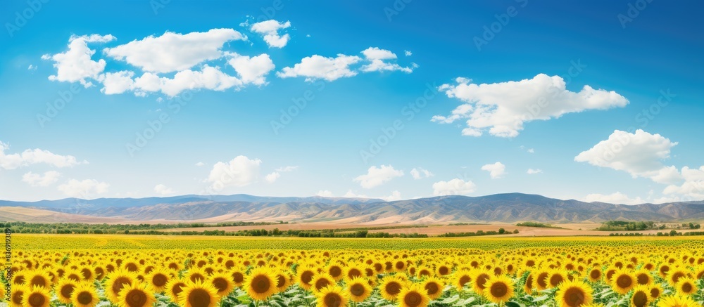 Poster Mature sunflower field with a scenic background and texture viewed from the side, ideal for copy space image.