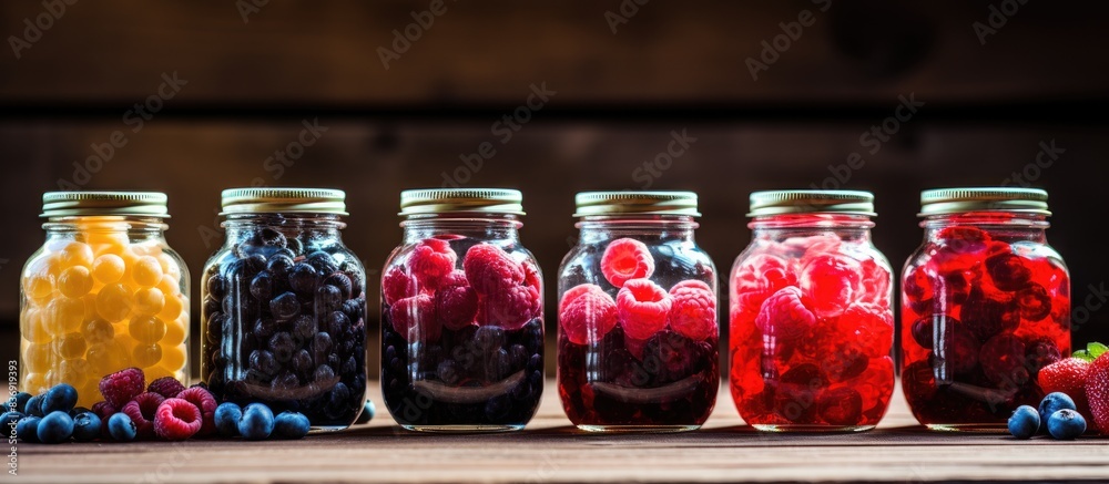 Poster Bottles of ripe and sweet berries positioned on a wooden table with a background of copy space image.