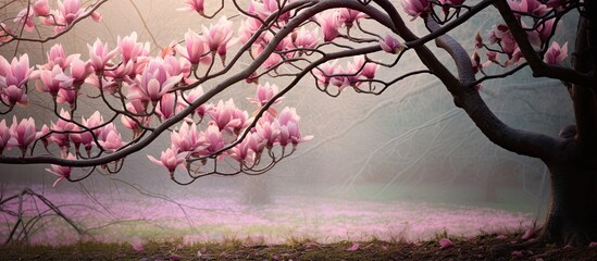 Garden with a beautiful magnolia blossom, with a serene atmosphere and copy space image available.