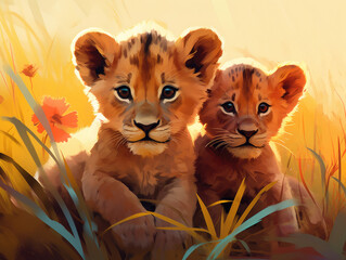 Two lion cubs. Digital art.