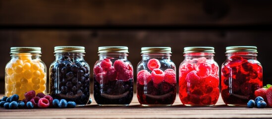 Bottles of ripe and sweet berries positioned on a wooden table with a background of copy space image.