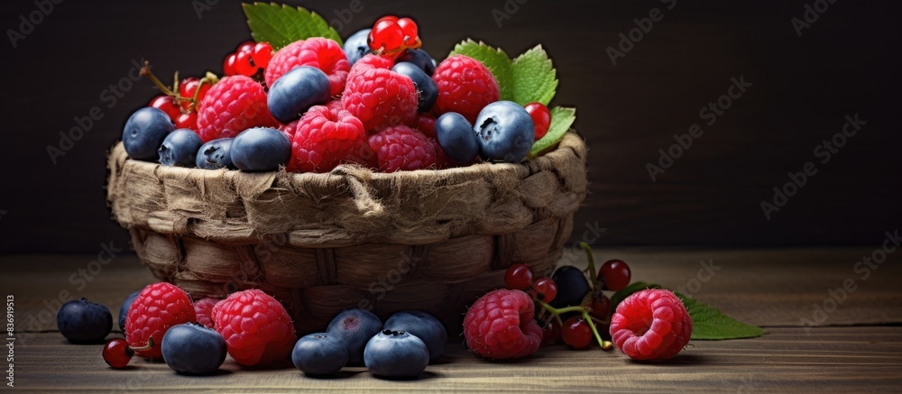 Poster a basket filled with raspberries, cherries, and blueberries, set against a rustic background with co