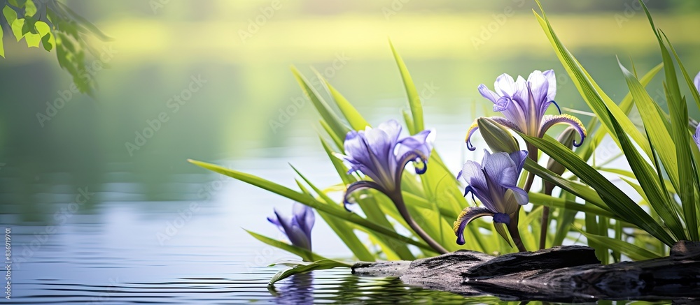 Poster Japanese iris in full bloom in the pond with a tranquil setting and a lot of copy space image for your design needs.