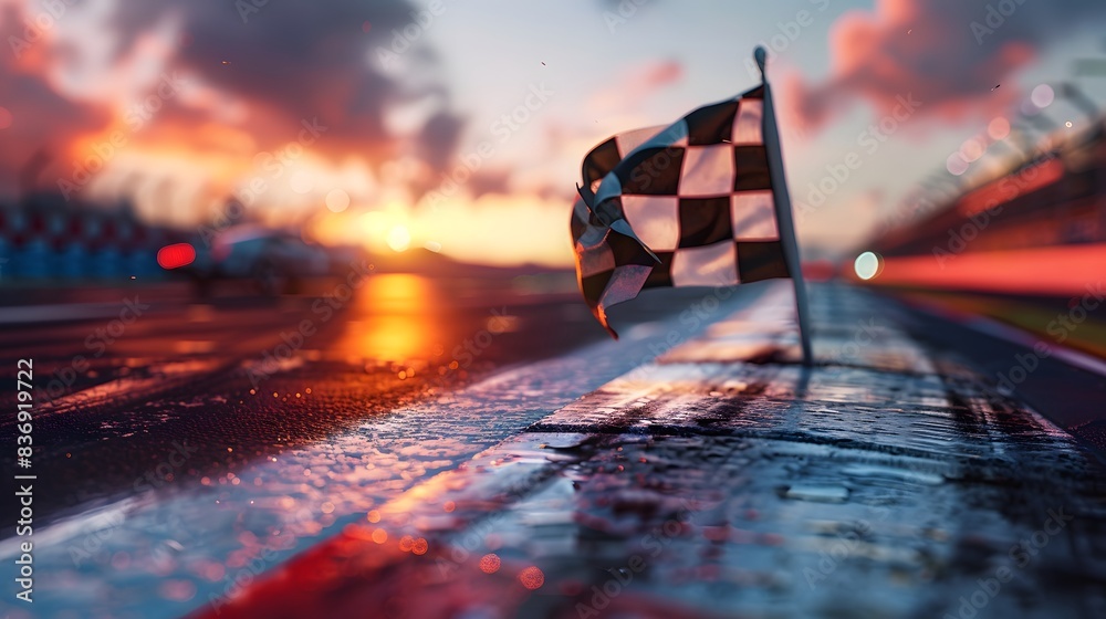 Wall mural black and white chequered flag on the background of racing track with cars, blurred race event in su - Wall murals
