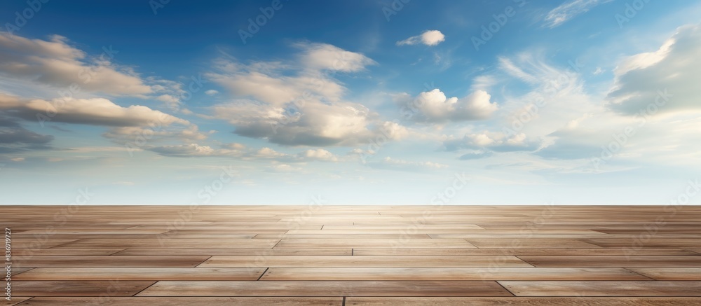 Poster wooden floor set against a backdrop of the sky filled with clouds, suitable as a copy space image.