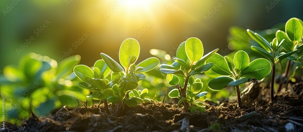 Aufkleber lighted up by the morning sun, a common purslane plant with a close-up view of pigweed in the garden
