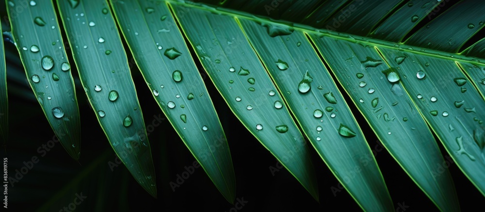 Poster palm leaves adorned with water droplets creating a picturesque copy space image.