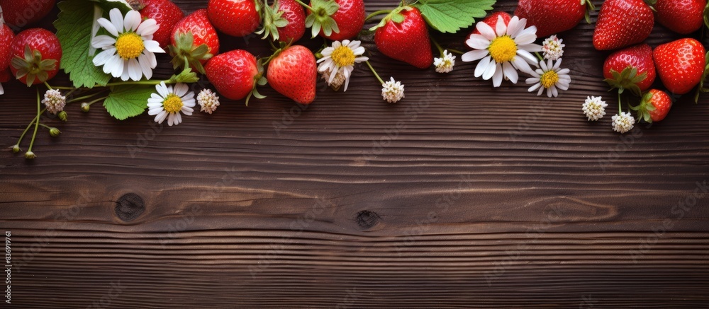 Poster Strawberries and flowers displayed on a rustic brown wooden surface with ample copy space image.