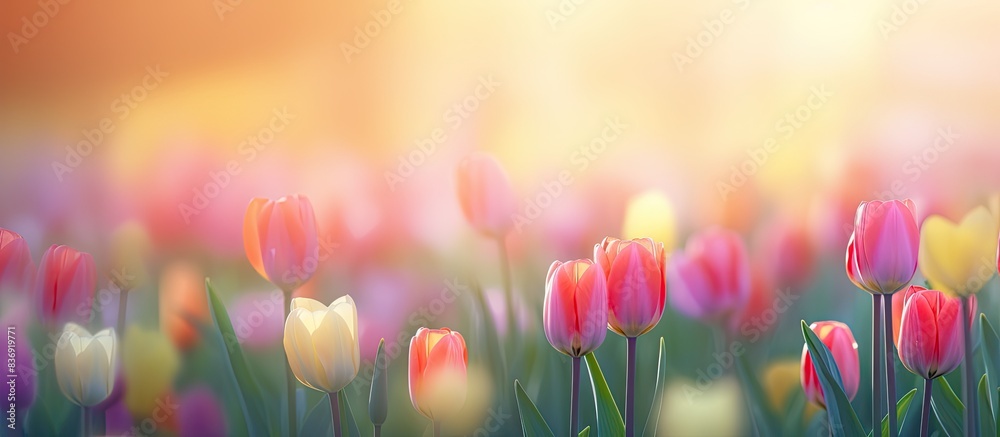 Poster Vibrant tulips blooming in a garden at sunset with a blurred bokeh background, creating a soft and pastel image with copy space.