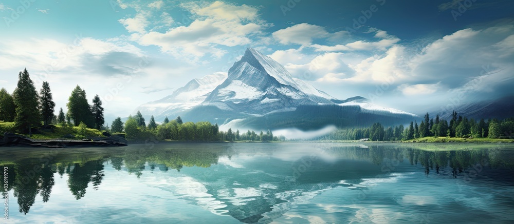 Poster scenic view of a mountain alongside a tranquil lake with clouds reflecting in the water, perfect for