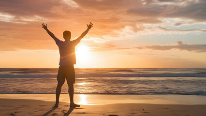 Fototapeta premium Happy man raising arms up enjoying sunset on the beach,Delightful traveler standing with hands up looking morning sunrise