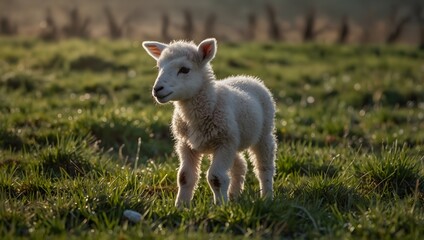 Obraz premium The tender moment of a newborn lamb taking its first hesitant steps on a dew-kissed meadow in the early days of spring ai_generated