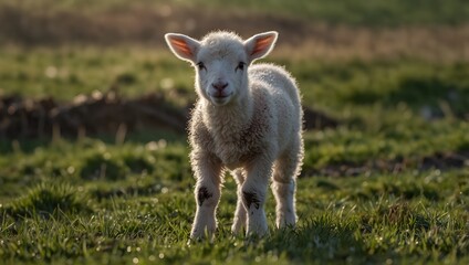 Fototapeta premium The tender moment of a newborn lamb taking its first hesitant steps on a dew-kissed meadow in the early days of spring ai_generated