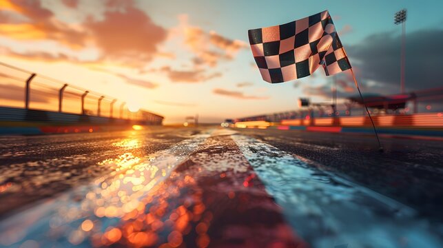 Black and white chequered flag on the background of racing track with cars, blurred race event in sunset light.