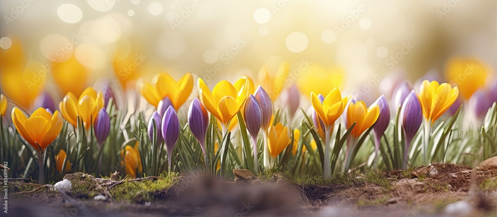 Poster the garden showcases vibrant yellow crocus or saffron buds blooming under the spring sun, adding a t