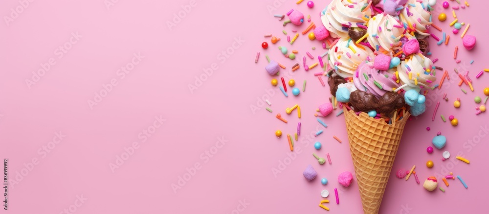 Poster Flat lay of an ice cream cone adorned with vibrant party streamers on a pink background, creating a festive and cheerful copy space image.