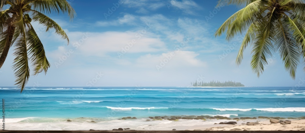 Poster tropical beach scene with coconut palm trees and ocean view, perfect for a copy space image.