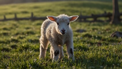 Obraz premium The tender moment of a newborn lamb taking its first hesitant steps on a dew-kissed meadow in the early days of spring ai_generated