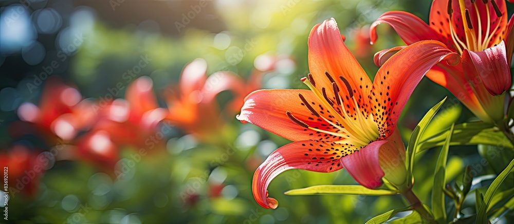 Poster full blooming red tiger lily isolated on nature background in flower garden with sunny weather, feat