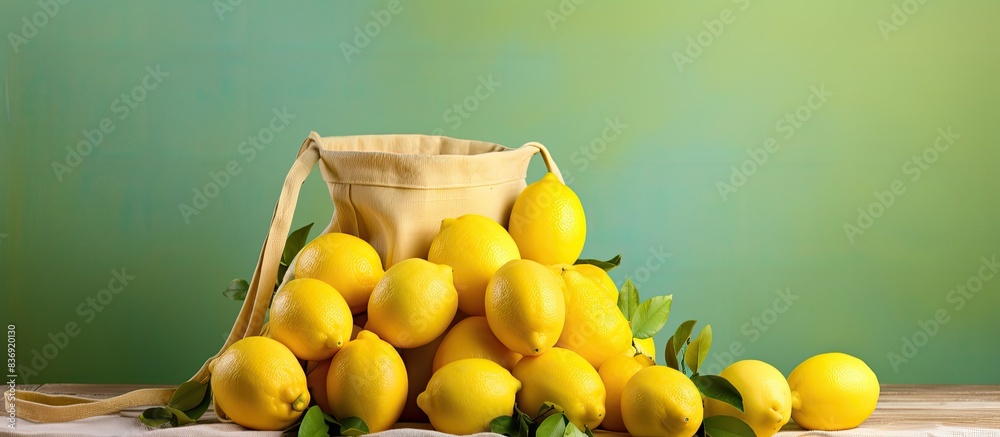 Poster Lemons in yellow bag placed on table with copy space image.