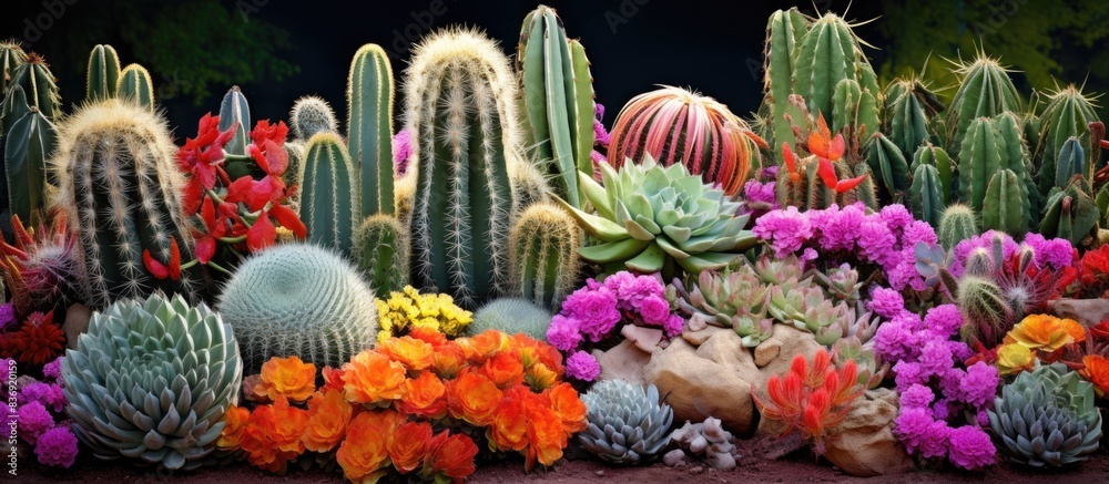 Poster A beautiful garden backdrop featuring colorful cacti with a variety of hues, ideal for enhancing any design with copy space image.