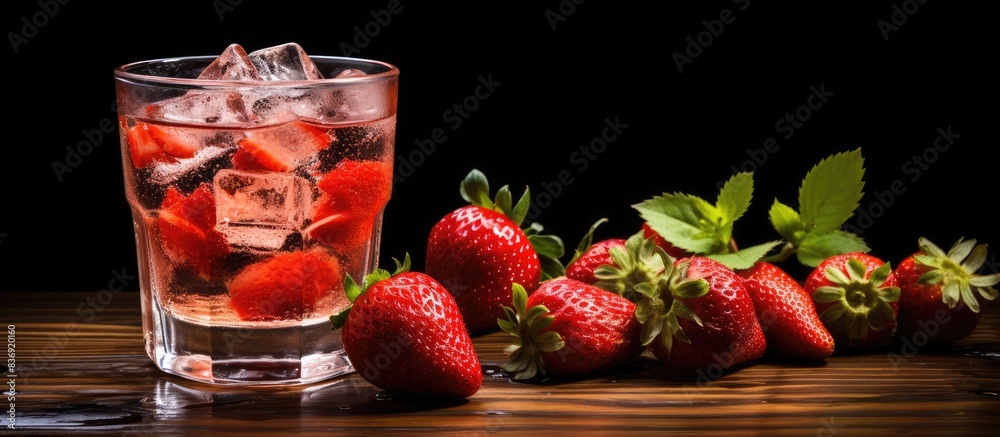 Aufkleber a wooden table displaying fresh ripe strawberries next to a glass of water with ice cubes, with a cl