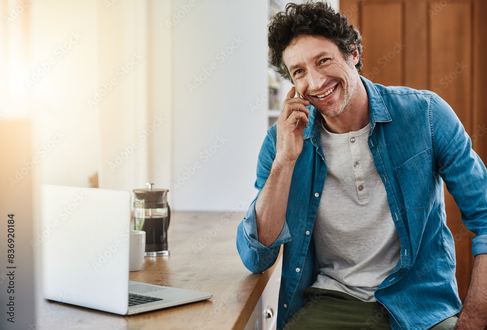 Aufkleber man, home and happy kitchen counter on phone call for networking, communication and connection. disc