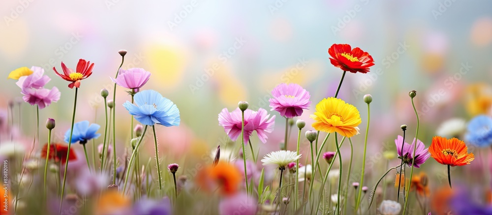 Poster spring arrangement of colorful wildflowers against a blurred natural background with copy space imag