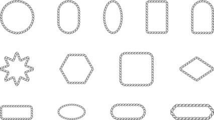 Set of Braided Rope frames Borders of different geometric shapes. round, oval and square, hexagonal. Editable rope frame border isolated on white background.