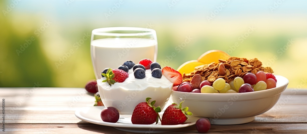 Aufkleber breakfast consisting of granola, yogurt, and fresh summer fruits presented on a plate with a blank a